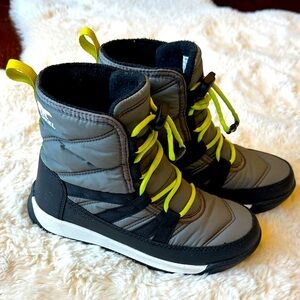 Sorel Kids Gray and Black Boots with Bright Yellow Laces